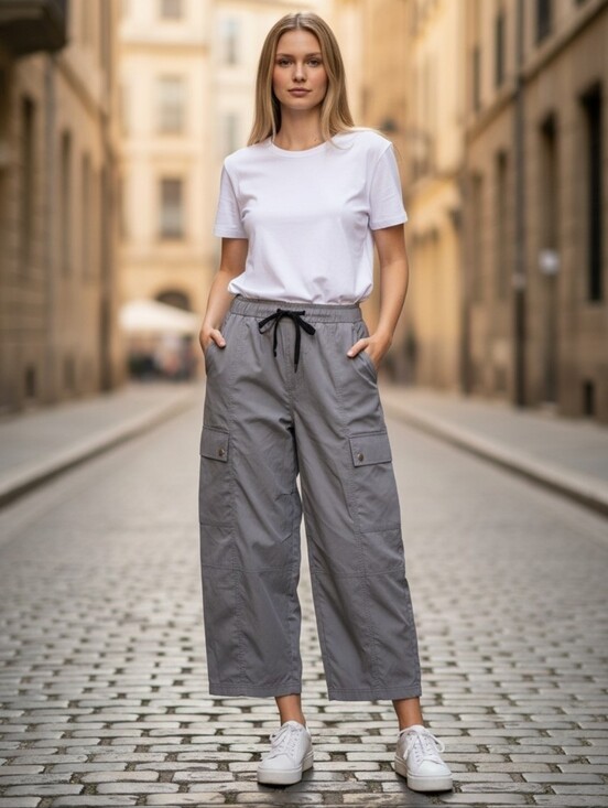 HALARA Pants - Halara Cargo Pants, Drawstring Elastic Waist, Barrel Wide. Grey. Womens Large.